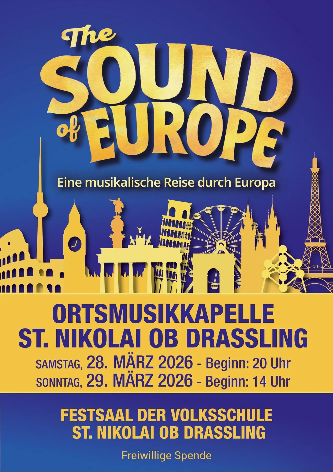 Plakat für die Veranstaltung Sound of Europe mit europäischen Wahrzeichen und Terminen für Events am 28. und 29. März 2026.