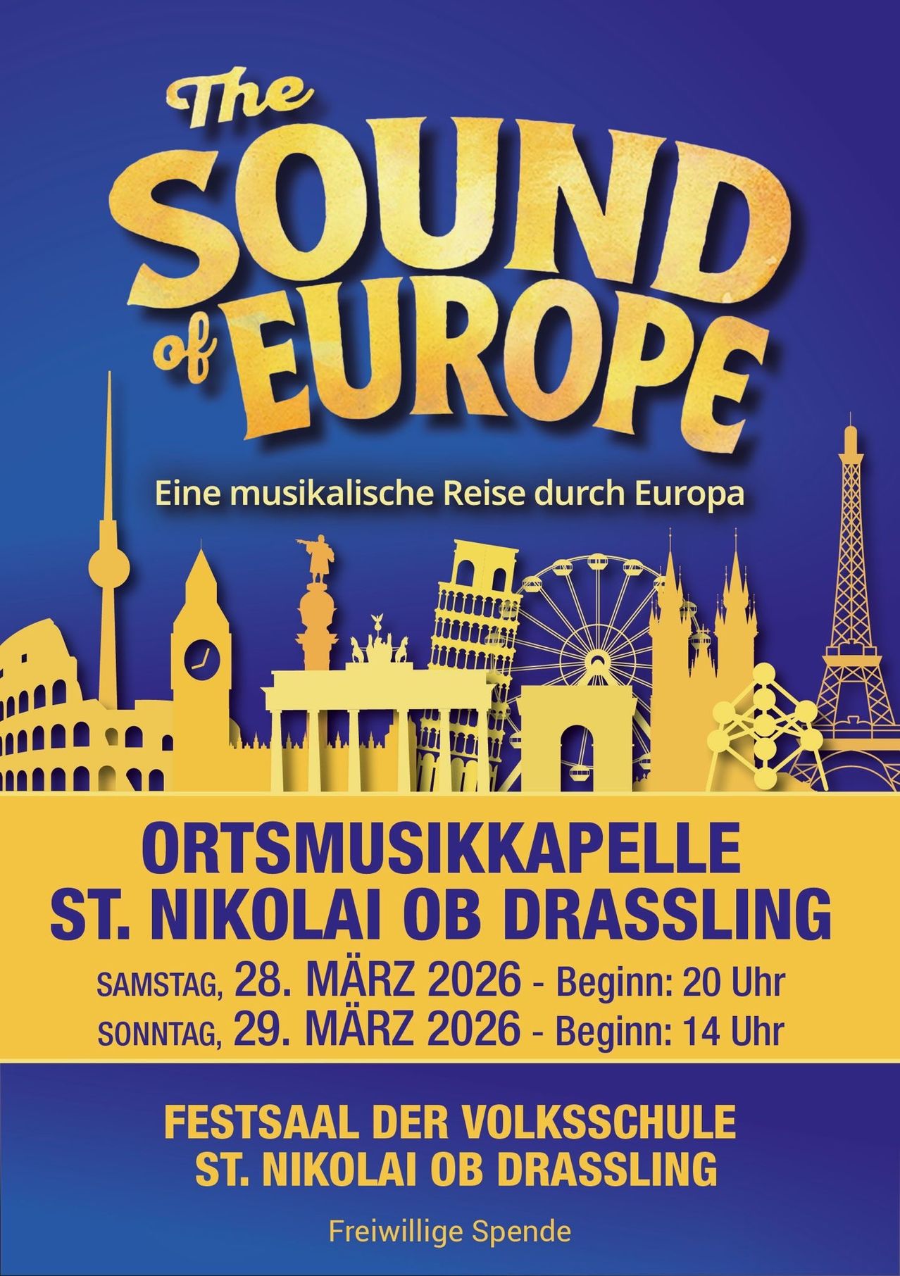 Poster for Sound of Europe event, featuring landmarks of Europe and dates for events on March 28 and 29, 2026.
