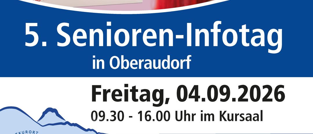 Plakat für den 5. Senioren-Infotag in Oberaudorf am 04.09.2026 mit Buchcover und einer lächelnden Frau mit roten Haaren.