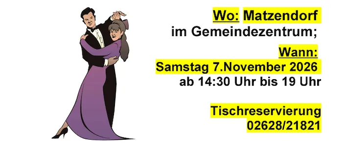 Ein Plakat für eine Tanzveranstaltung mit dem Titel 'Tanz in den Winter', das einen Mann und eine Frau beim Tanzen zeigt. Das Plakat enthält Details wie Ort, Datum, Uhrzeit und Kontaktinformationen für Tischreservierungen.