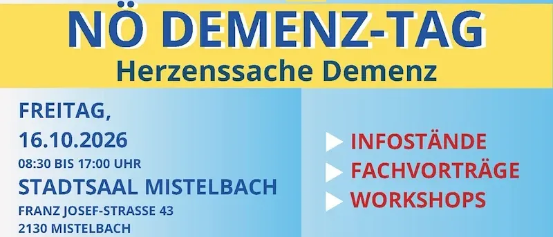 Ein Plakat für die NO DEMENZ-TAG Veranstaltung. Es hat einen blauen und gelben Hintergrund mit weißem Text. Das Plakat enthält das Datum, die Zeit und den Ort der Veranstaltung.