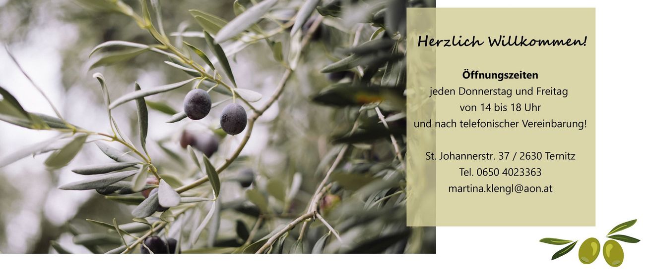Ein Olivenzweig mit hängenden dunklen Oliven, Werbung für St. Johannerstr. Jeden Sonntag geöffnet von 14, Tel. 065 martina.k.