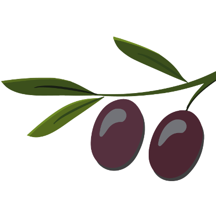 Eine Illustration von zwei Oliven an einem Zweig mit grünen Blättern vor weißem Hintergrund.