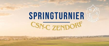 Plakat für das Springturnier CSN-C Zendorf am 1.-2. August 2026. Zeigt Reitsportanlage, Ställe und Felder. Ort: Reitsportanlage Harm, Zendorf 3, 33886 Hafnerbaach. Essen und Getränke inklusive.