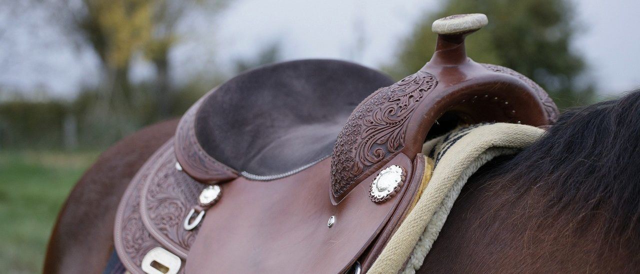 Ein Nahaufnahme eines braunen Sattels auf einem Pferd, mit kunstvollen Verzierungen und silbernen Schnallen. Der Sattel hat einen braunen Ledersitz und ist mit einer Wolldecke bedeckt.