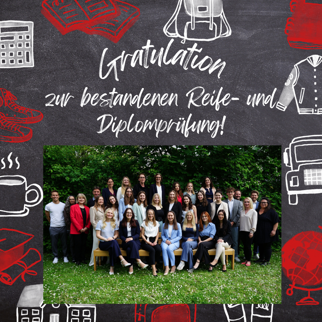 Ein Hintergrund aus einer Tafel zeigt ein Gruppenfoto von Absolventen. Der Text lautet 'Herzlichen Glückwunsch zum Bestehen der Prüfungen und Diplom!' Ein Abschlusshut, ein Buch, ein Taschenrechner, ein Rucksack, Schuhe und ein Globus umgeben das Foto.