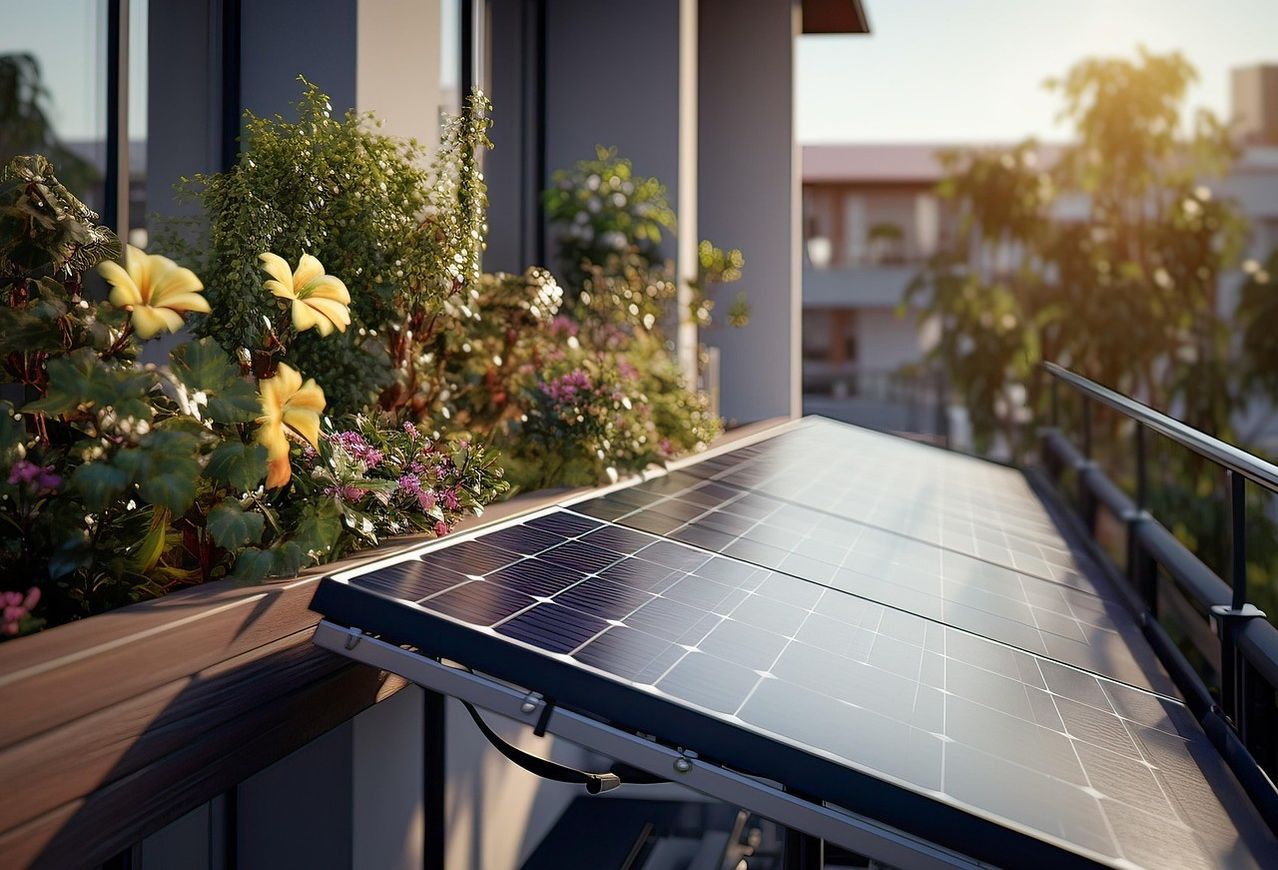 Ein Balkon mit Blumen und einem Solarpanel an einem sonnigen Tag. Das Solarpanel ist am Balkongeländer montiert.