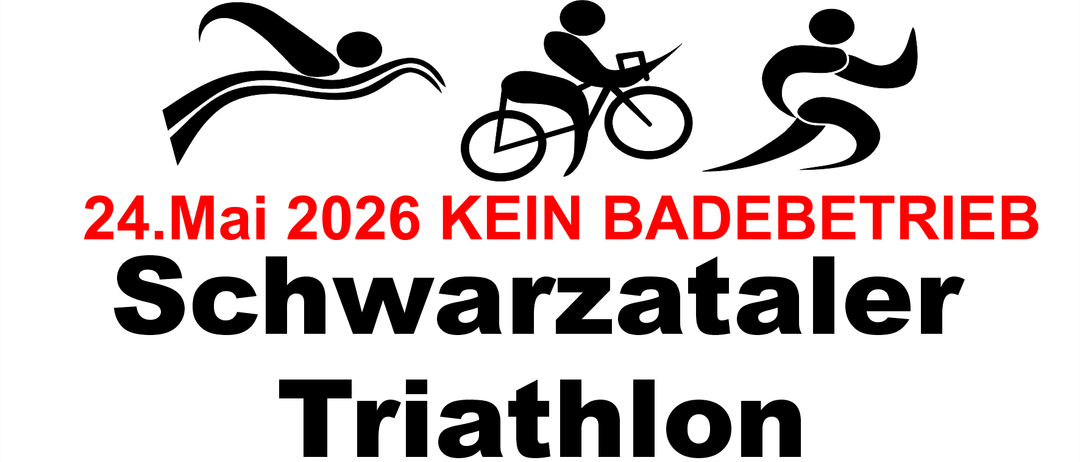 Das Logo zeigt eine Kirche, einen Hügel, einen Radfahrer und einen Schwimmer mit dem Text 24. Mai 2026 Kein Badebetrieb Schwarzzataler Triathlon.