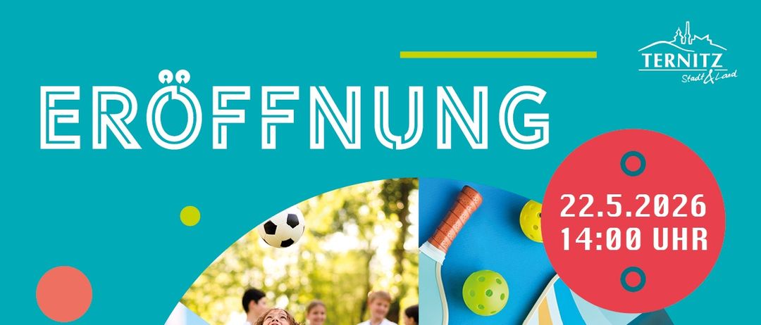 Plakat für neue Sportanlagen mit Bildern von spielenden Kindern. Bietet Pickleball, Basketball, Bouldern und Boccia. Datum: 22. Mai 2026, Zeit: 14:00 Uhr. Kostenloses Eis inbegriffen.