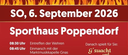 Ein Plakat für das jährliche Erntefest der Freiwilligen Feuerwehr Poppendorf, geplant für den 6. September 2026. Die Veranstaltung umfasst eine Parade, eine Blaskapelle, eine festliche Zeremonie und eine Heilige Messe mit Gesang.