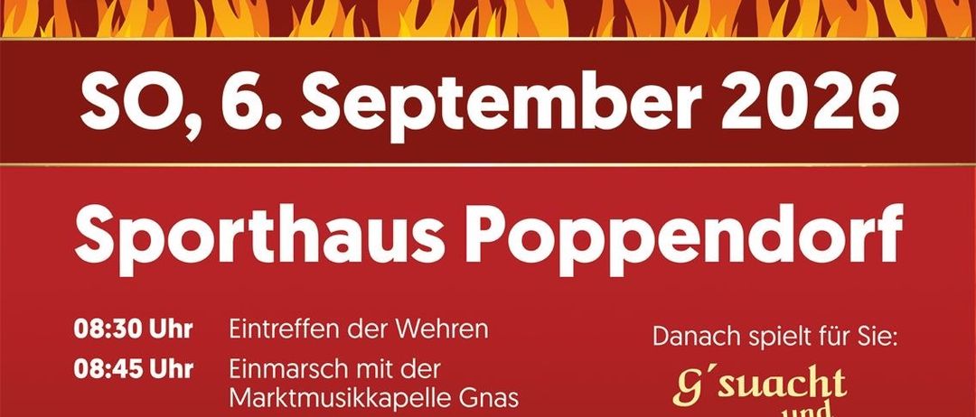 Ein Plakat für das jährliche Erntefest der Freiwilligen Feuerwehr Poppendorf, geplant für den 6. September 2026. Die Veranstaltung umfasst eine Parade, eine Blaskapelle, eine festliche Zeremonie und eine Heilige Messe mit Gesang.