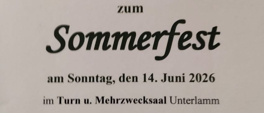Einladung zum Sommerfest am Sonntag, den 14. Juni 2026. Beginn: 11 Uhr, Musik: ab 14 Uhr. Eintritt: 4 Euro. Organisiert von Josef Jaidl, Unterlamm.