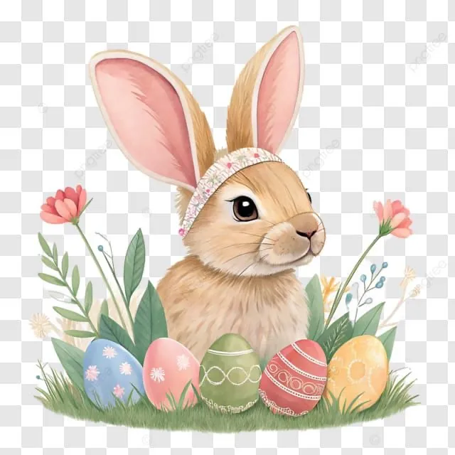 Eine Illustration eines Osterhasen mit Kopfband, umgeben von dekorierten Ostereiern und Blumen auf einem karierten Hintergrund.