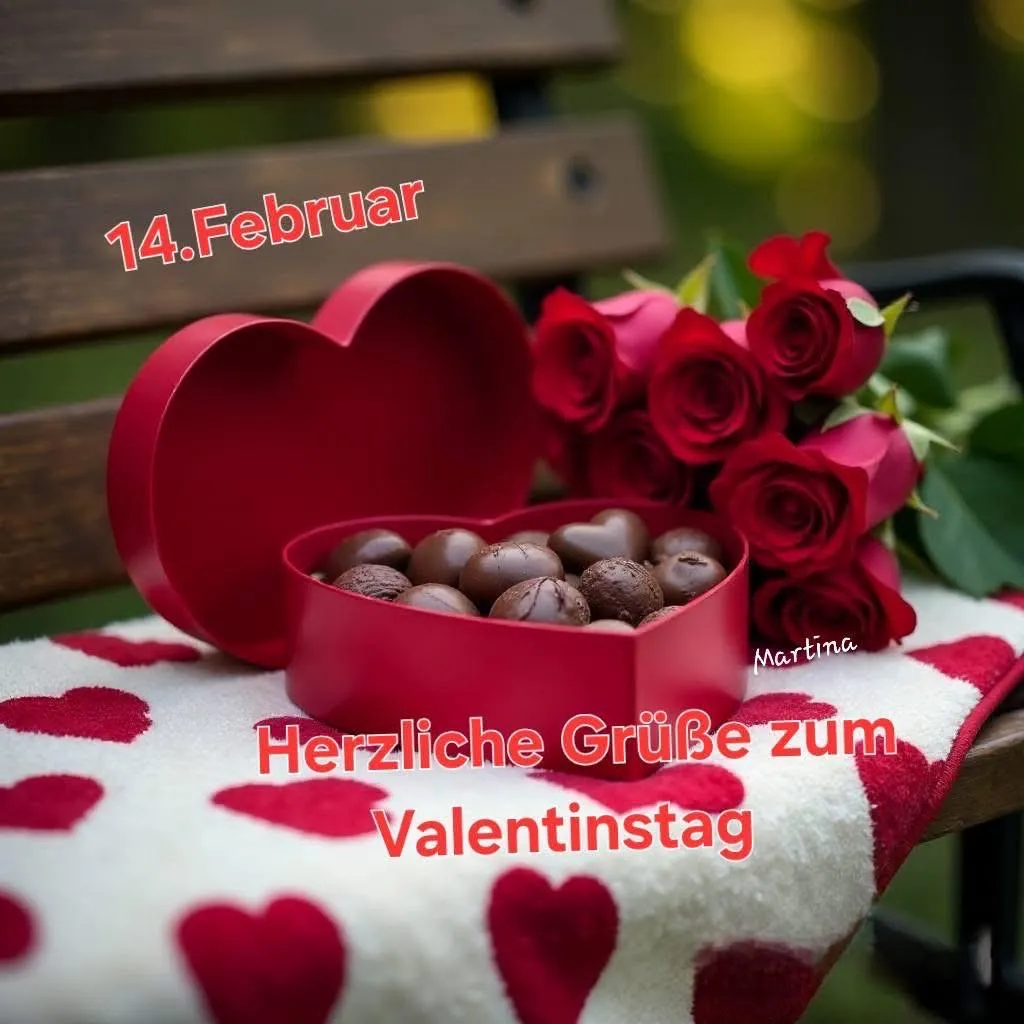 Eine herzförmige Schachtel mit Schokoladen und ein Strauß roter Rosen liegen auf einer Decke mit Herzmustern auf einer Bank, mit einem Zettel, der '14. Februar' und 'Herzliche Grüße zum Valentinstag' sagt.