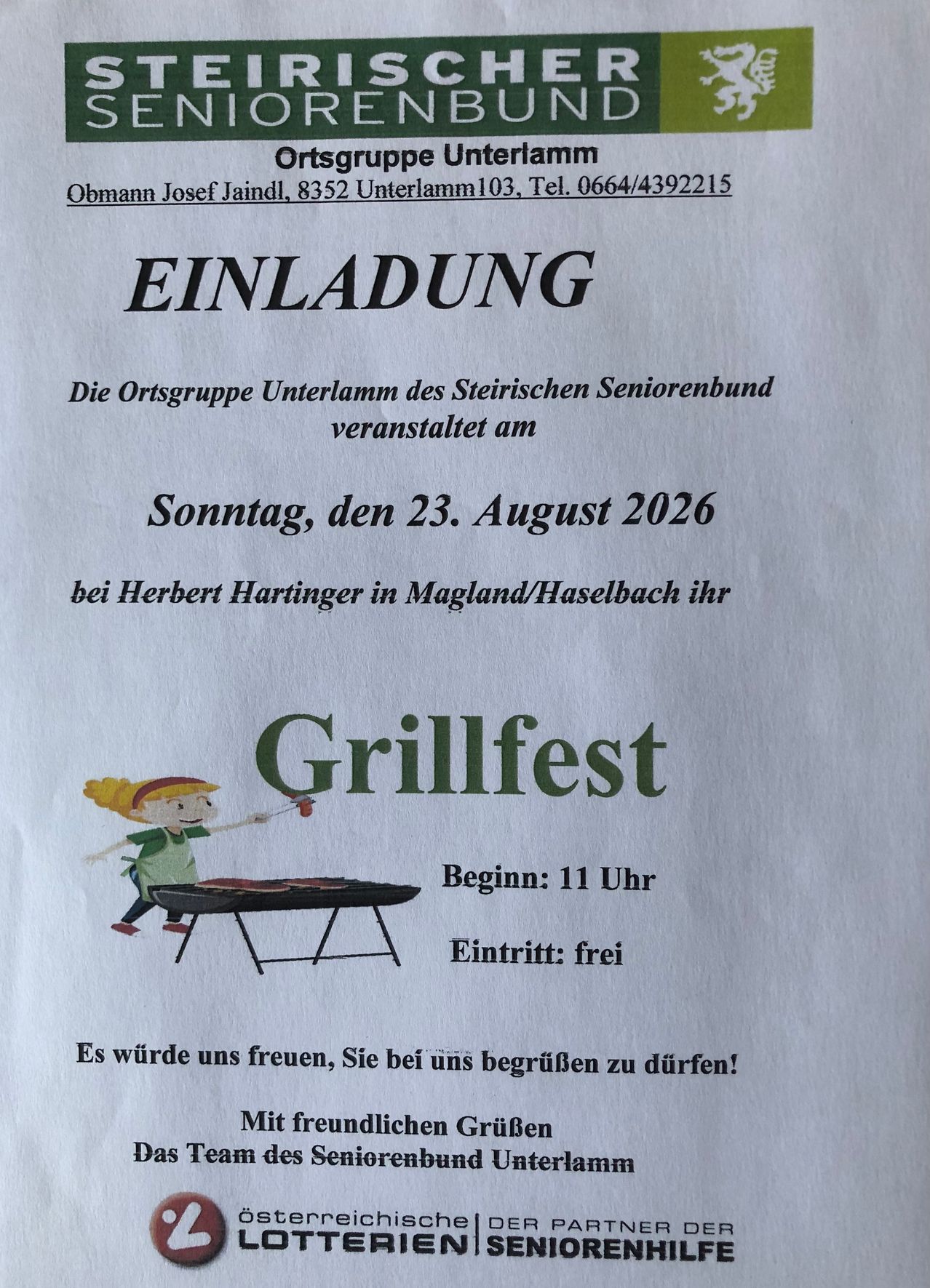 Invitation to a barbecue event hosted by the Unterlamm local group of the Styrian Senior Citizens Association on August 23, 2026, at Herbert Hartinger's in Magland/Haselbach. The event starts at 11 AM and admission is free. Illustration of a girl grilling.