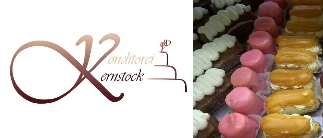 Ein Bäckereilogo mit 'X2 onditorei ernstock' und eine Vielzahl von Cupcakes mit bunter Glasur und weißer Creme obenauf.