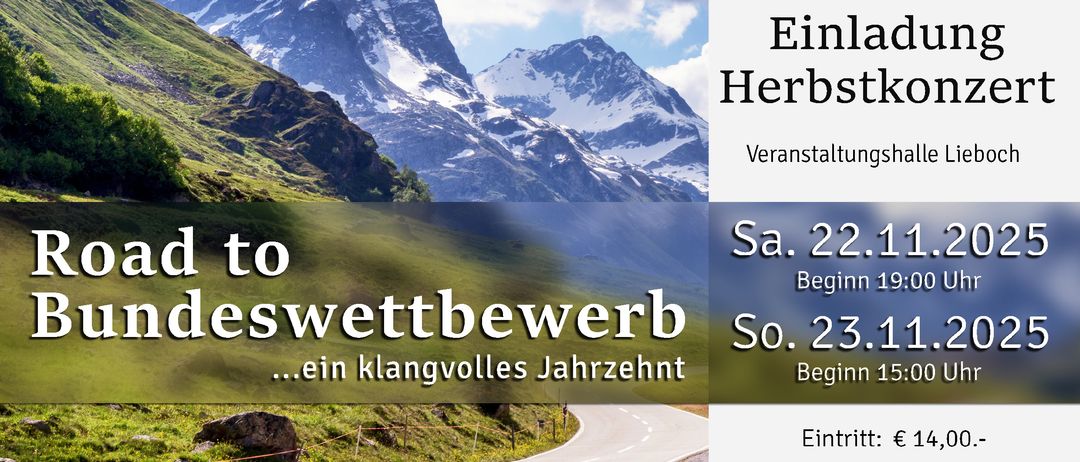 Bergkette mit schneebedeckten Gipfeln, grasbewachsenen Hängen und einer Straße, die zu den Bergen führt. Eine Werbung für das Einlad Herbstko-Event mit Angaben zu Datum, Uhrzeit und Eintrittsgebühr.