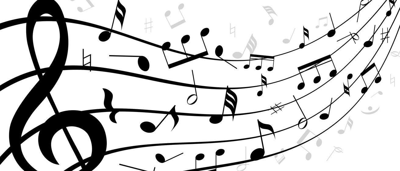 Eine Illustration von Musiknoten, die in einem Wellenmuster auf einem weißen Hintergrund schweben. Verschiedene musikalische Symbole sind vorhanden, einschließlich Notenschlüssel, Noten und Kreuze.