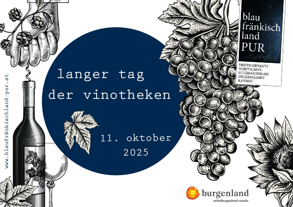 Eine Illustration eines blauen Kreises mit dem Text 'Langer Tag der Vinotheken' und dem Datum '11. Oktober 2025'. Ein Strauß Trauben ist in Schwarz-Weiß auf der rechten Seite gezeichnet. Das Wort 'Burgenland' steht unten.