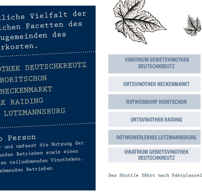 Plakat, das verschiedene Weinregionen mit Text und Blattillustrationen bewirbt. Es zeigt die Vielfalt der lokalen Weinsorten und Weingüter. Beinhaltet Informationen über Shuttle-Dienste und Weinrouten.
