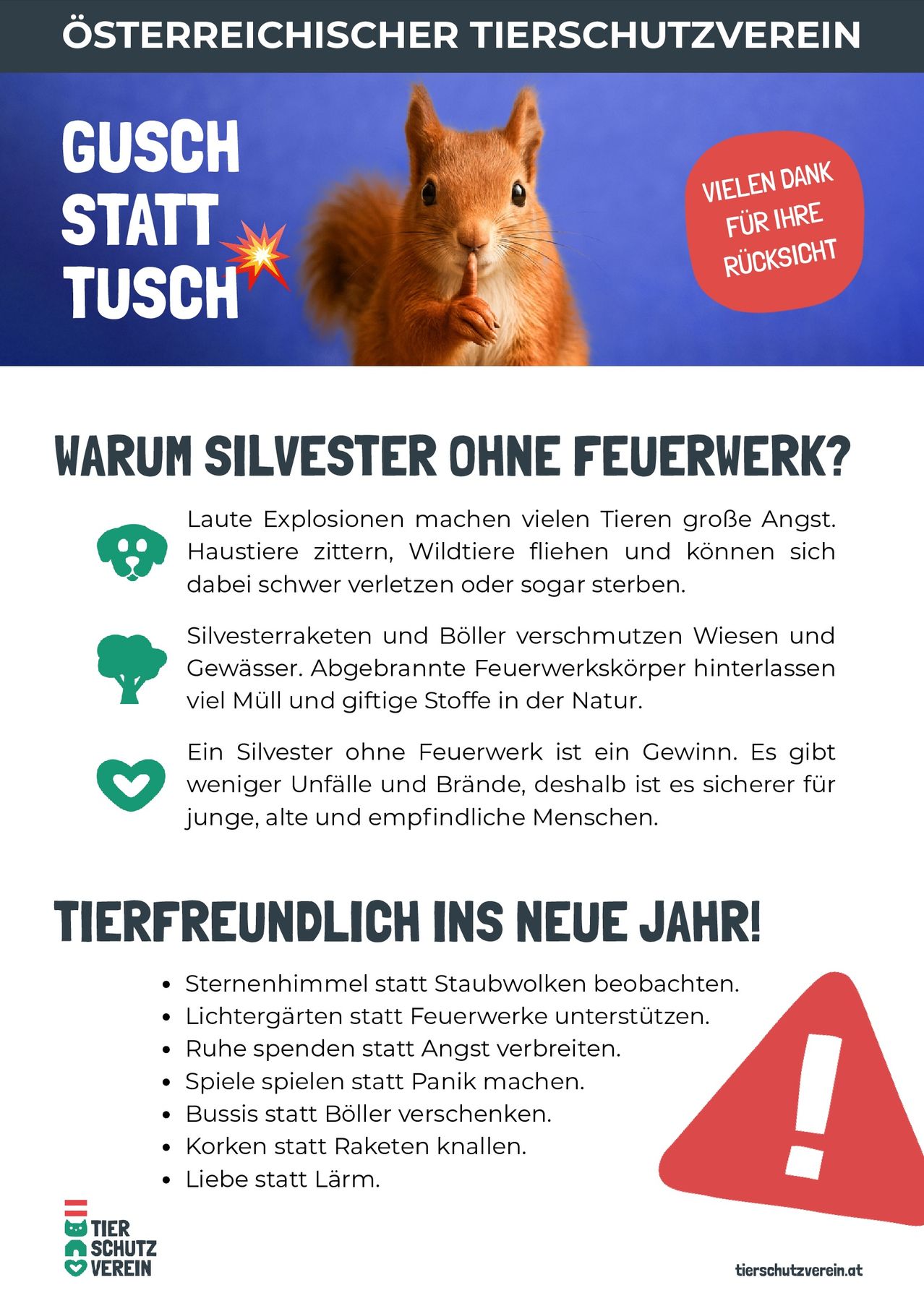 Das Bild zeigt ein Eichhörnchen mit der Überschrift 'Warum Silvester ohne Feuerwerk?' Es wird erklärt, dass laute Explosionen viele Tiere erschrecken und sie verletzen oder töten können. Es wird auch erwähnt, dass Feuerwerke Wiesen und Gewässer verschmutzen und gefährliche Rückstände hinterlassen. Es wird für ein Feuerwerksfreies Neujahr zum Wohle der Tiere geworben.