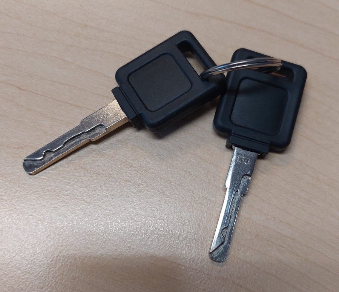 Zwei schwarze Autoschlüssel mit silbernen Klingen und schwarzen Schlüsselanhängern liegen nebeneinander auf einer Holzoberfläche.