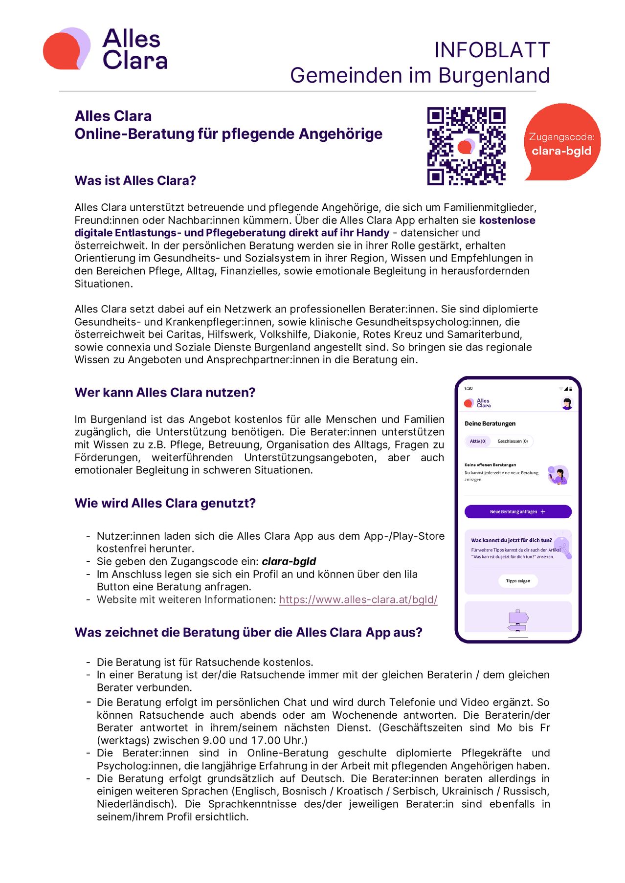 Alles Clara unterstützt betreuende und pflegebedürftige Angehörige, die sich um Familienmitglieder, Freunde oder Nachbarn kümmern. Über die Alles Clara App erhalten sie kostenlose digitale Entlastung und Pflegeberatung direkt auf ihr Handy - datenschutzgerecht erhalten sie Orientierung im Gesundheits- und Sozialsystem in ihrer Region, Wissen und Empfehlungen in den Bereichen Pflege, Alltag, Finanzielles, sowie emotionale Begleitung in herausfordernden Situationen.