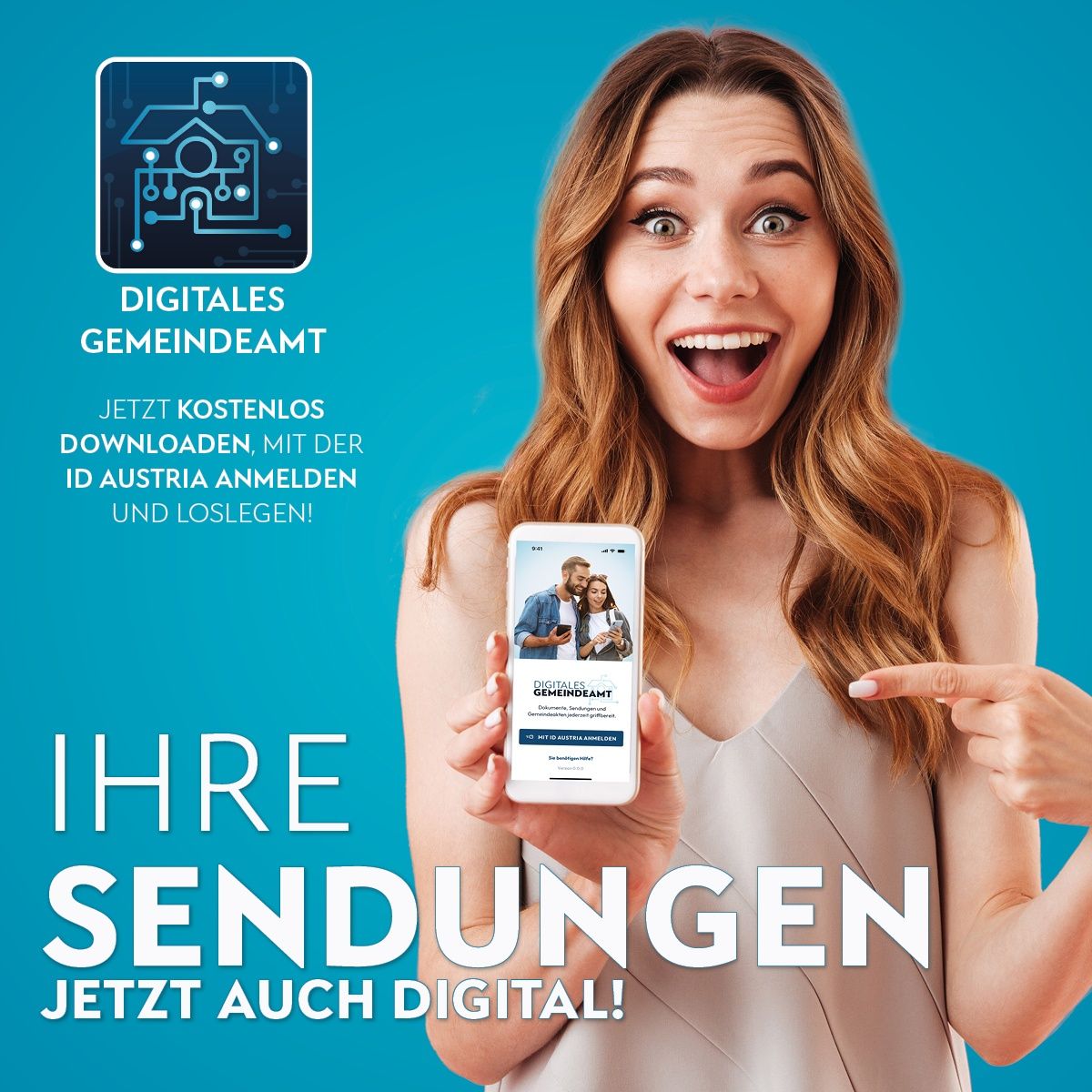 Eine Frau hält ein Smartphone und zeigt die App des Digitalen Gemeindeamtes. Jetzt auch digital verfügbar. Kostenloser Download. ID Austria erforderlich.