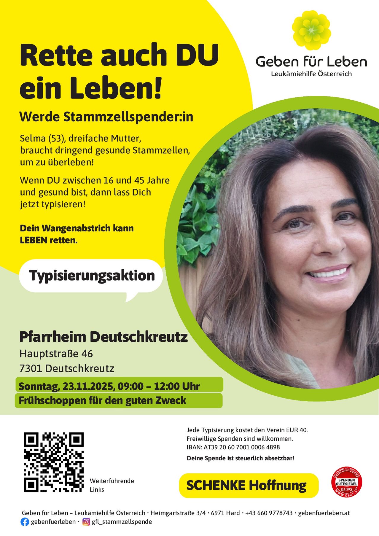 Plakat für eine Stammzellenspende-Veranstaltung am 23.11.2025 in Deutschkreutz. Es zeigt eine lächelnde Frau und gibt Details zu Ort, Zeit und Kosten.