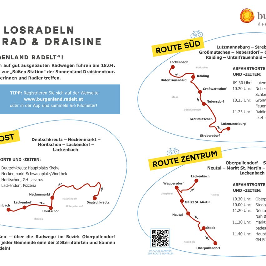 Das Bild zeigt eine Karte der Radwege in Burgenland, Österreich. Es enthält zwei Routen, beschriftet als 'Route Süd' und 'Route Zentrum'. Zeiten und Orte der Fahrtstarts sind aufgelistet. Die Registrierung auf der Website www.burgenland.radet.at wird empfohlen.