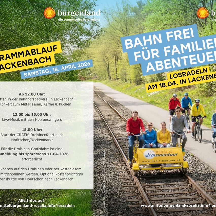 Ein Plakat, das eine kostenlose Zugfahrt für Familienabenteuer am 18. April 2026 bewirbt. Man sieht Menschen auf einem gelben Rikscha auf einem Bahngleis fahren. Es enthält Details zu Aktivitäten, Essen und dem Zeitplan.