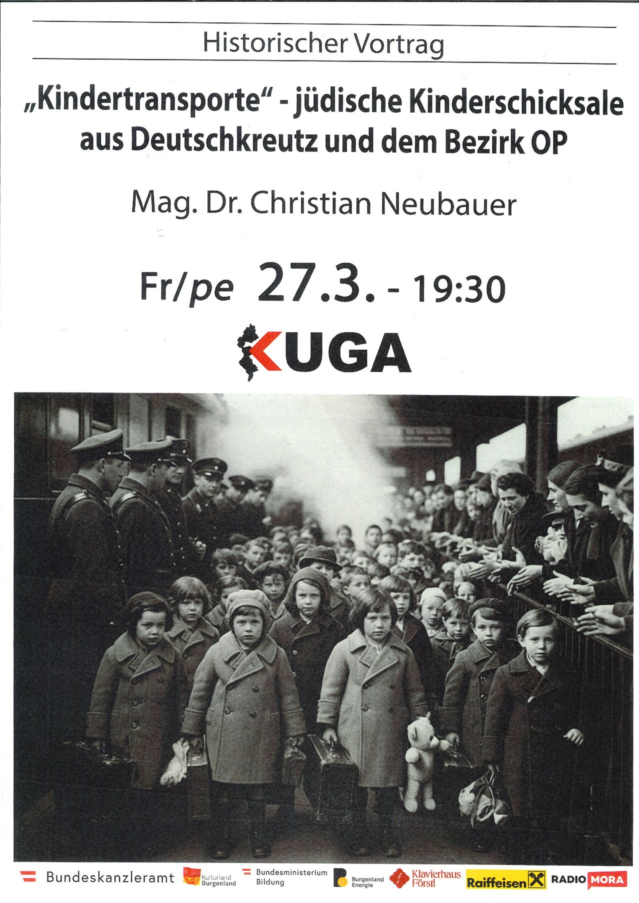 Eine Werbung für einen Vortrag von Mag. Dr. Christian Neubauer am 27. März um 19:30 Uhr. Es zeigt ein historisches Bild von Kindern mit Militäroffizieren.