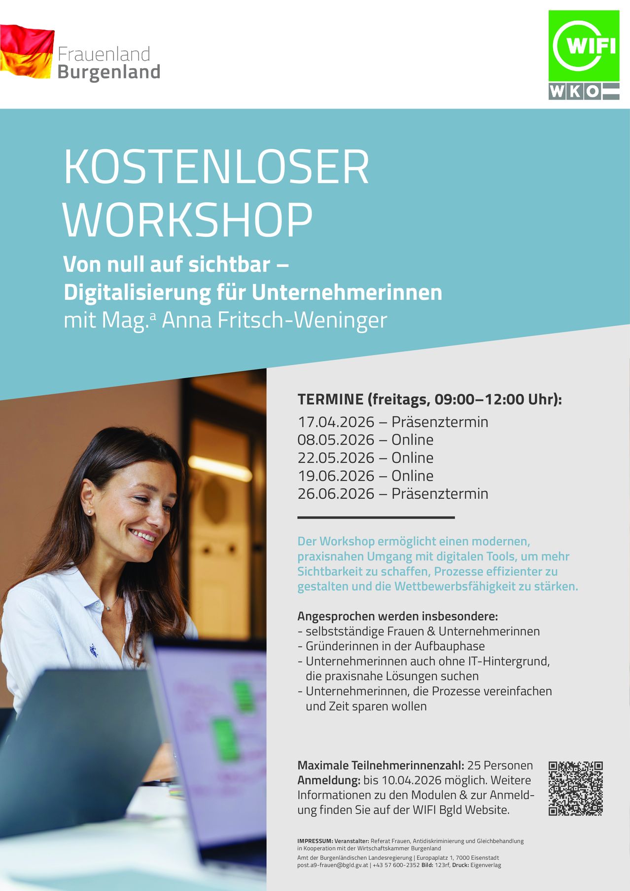 Plakat für ein kostenloses Workshop über Digitalisierung für Unternehmerinnen mit Mag. Anna Fritsch-Weninger. Termine sind Präsenz- und Online-Sitzungen am 17., 22., 19. und 26. Juni 2026.
