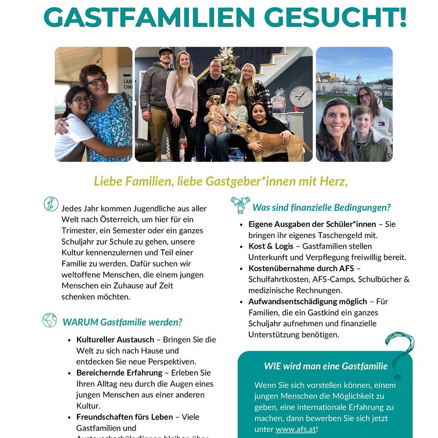 Poster advertises host families being sought, with images of smiling families with children. It highlights reasons to become a host family, including cultural exchange, enriching experiences, and lifelong friendships. It also briefly outlines financial conditions, mentioning personal expenses, cost and logistics, and potential support from AFS.