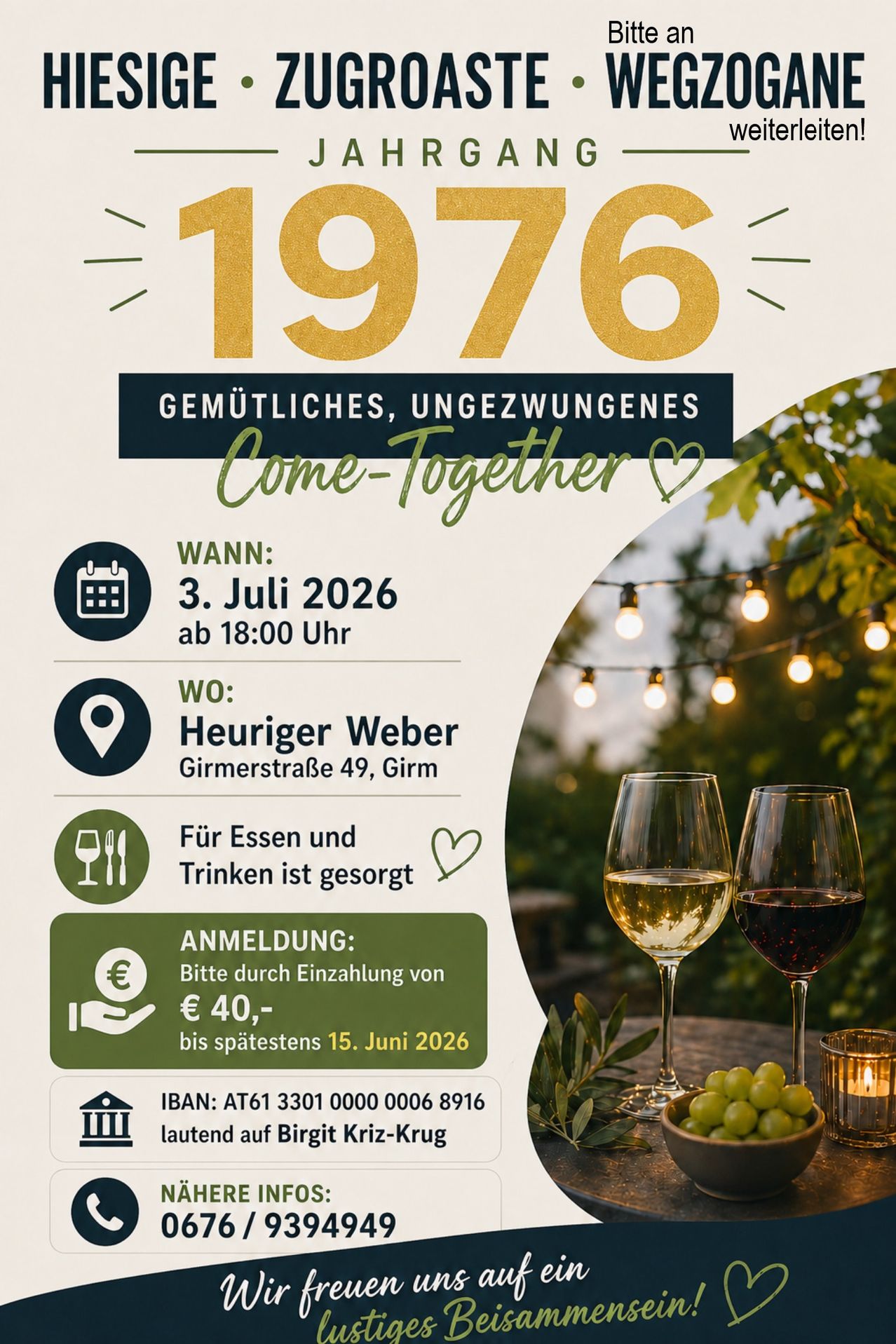 Event poster for a gathering at Heuriger Weber on July 3, 2026, starting at 6 PM. Food and drinks are provided. Registration fee is 40 euros, due by June 15, 2026. IBAN for payment is AT61 3301 0000 0006 8916.