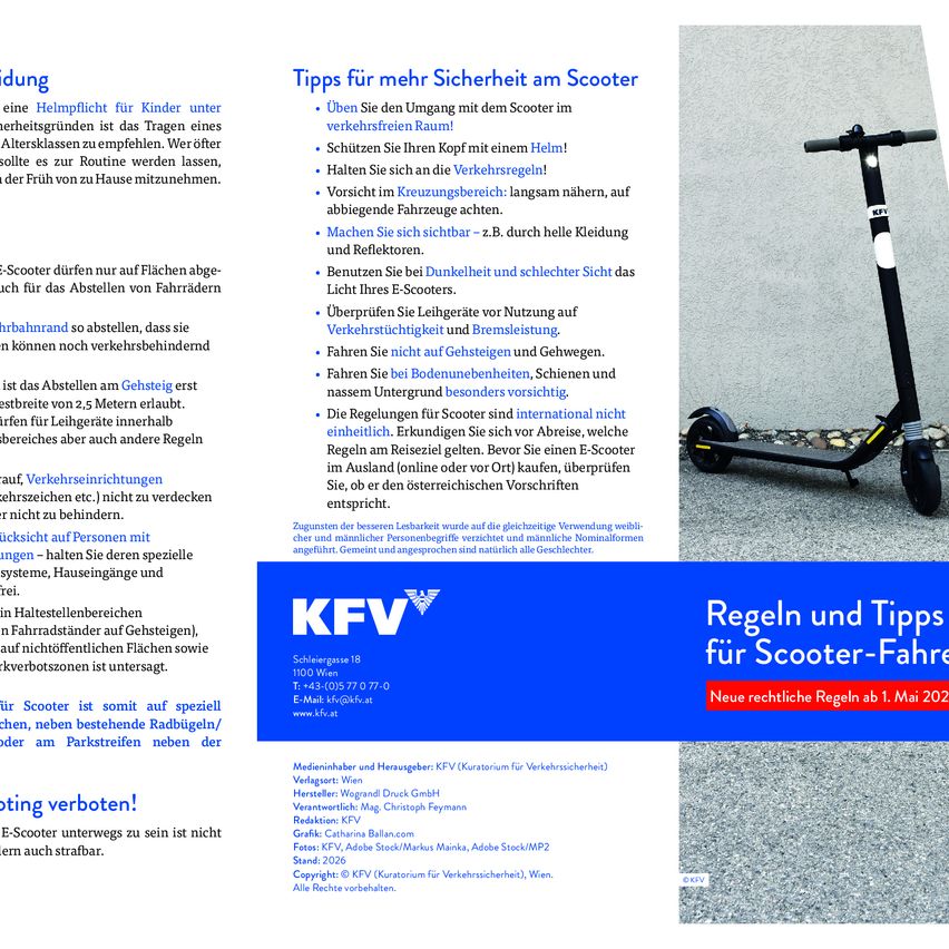 Infographic displays safety tips for scooter riding, emphasizing helmet use, adhering to traffic laws, and avoiding distractions. It suggests checking brakes, using lights and reflectors, and not riding on roads. The image shows a scooter and text in German.