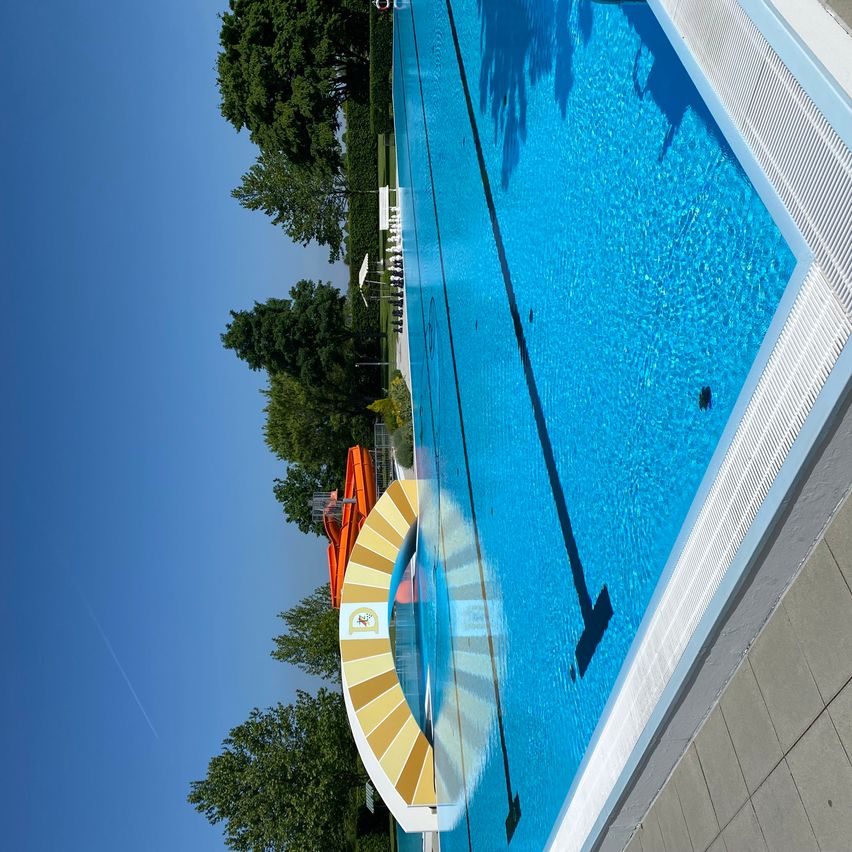 Luftaufnahme eines großen Schwimmbeckens mit Sprungbrett, umgeben von Bäumen und einem klaren blauen Himmel.