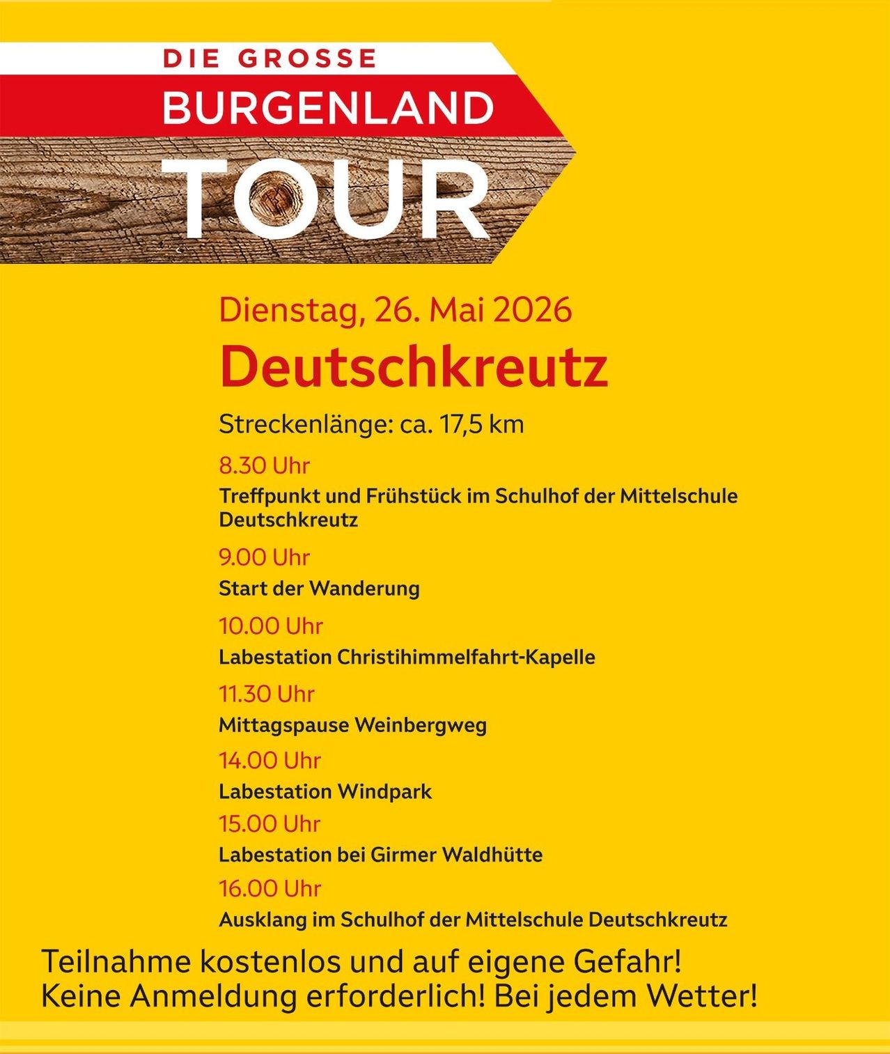 Poster for a Burgenland Tour on May 26, 2026. The tour starts at 8:30 AM with breakfast at Deutschkreutz middle school. The total distance is about 17.5 km.