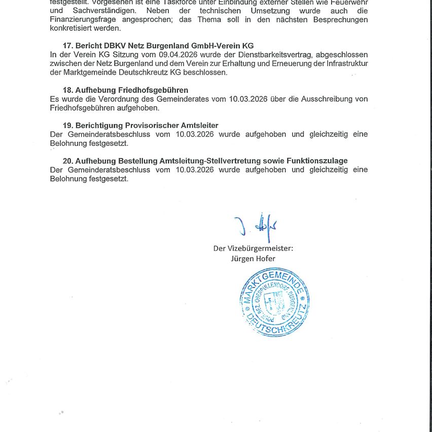 The DBKV Net Burgenland GmbH-Verein KG met in the KG meeting of 09.04.2026 to conclude the service contract agreement between Netz Burgenland and the DBKV for maintaining and renewing infrastructure of the market area Deutschkreuz KG.