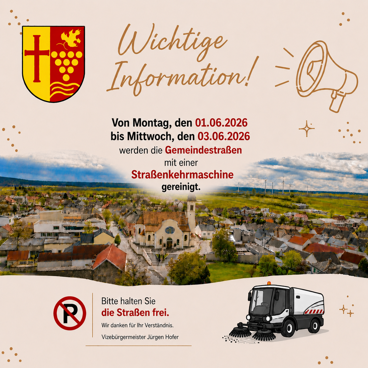 Poster announces street cleaning from June 1 to June 3, 2026. Emphasizes the need to keep roads free. Features a road sweeper.