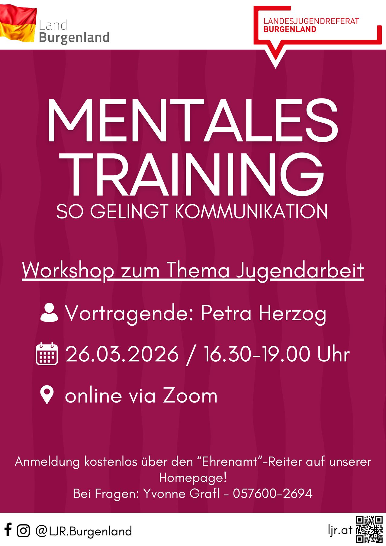 A workshop titled 'Mentales Training' on March 26, 2026, from 4:30 PM to 7:00 PM, led by Petra Herzog, focuses on youth work communication. It is free to register through the 'Ehrenamt' link on their website.