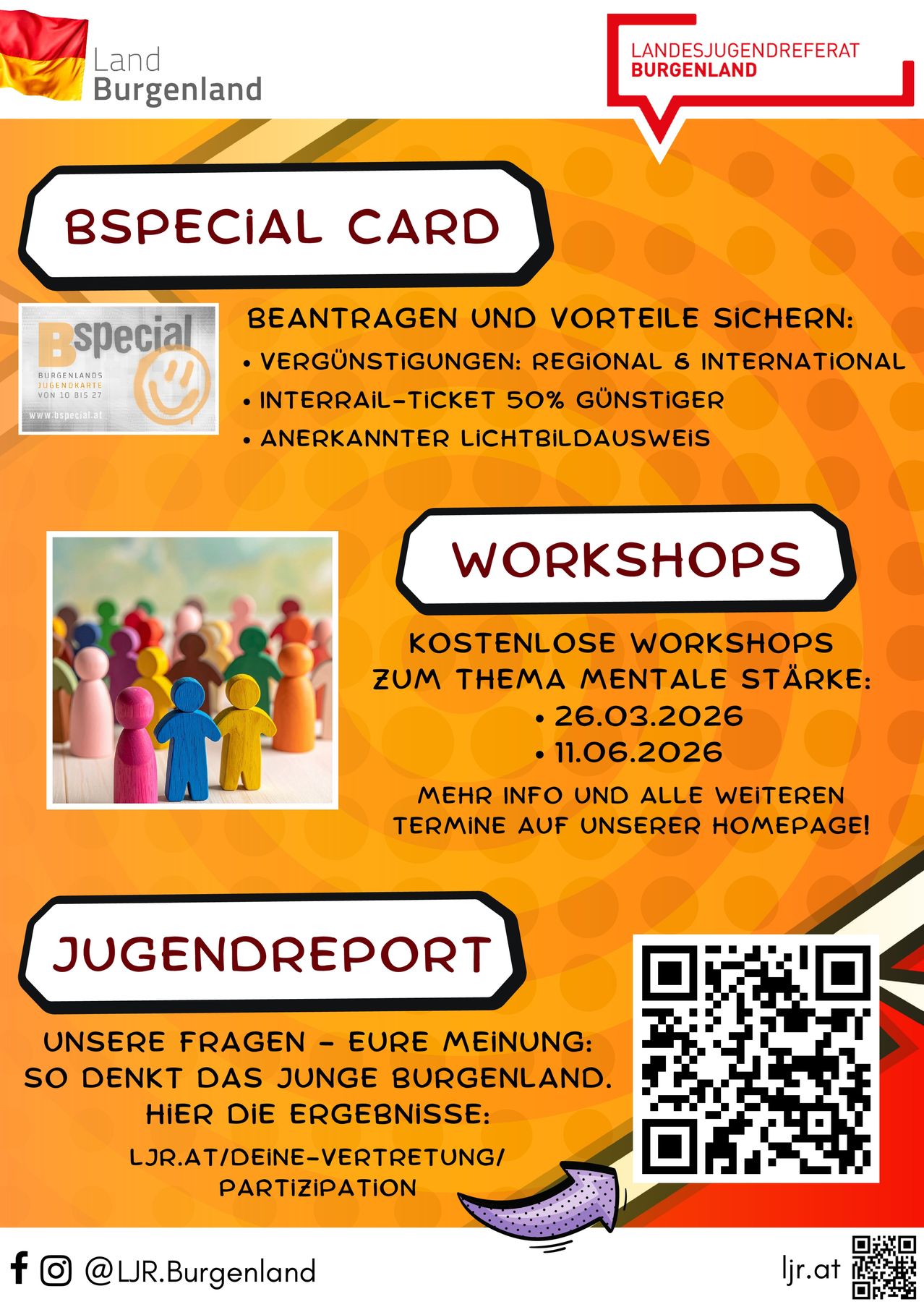 Plakat für Workshops zum Thema mentale Stärke. Termine sind 26.03.2026 und 11.06.2026. QR-Code für weitere Informationen.