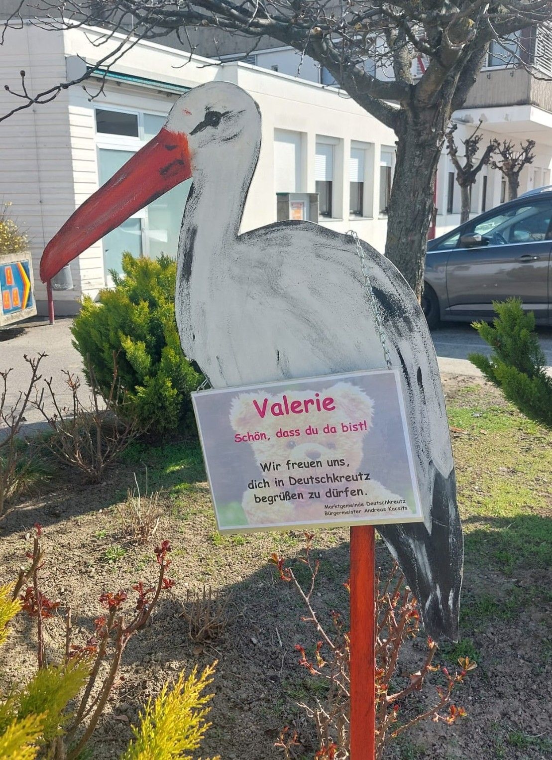 Eine bemalte Störchin namens Valerie steht vor einem Gebäude mit einem Schild, das Besucher zum Streicheln einlädt. In der Nähe gibt es Sträucher, ein geparktes Auto und ein Gebäude mit Glasfenstern.