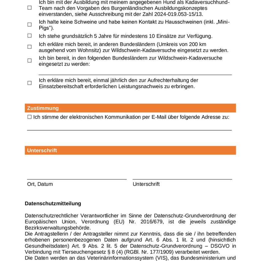 A form with sections for personal information, consent, and data protection declaration. The form includes checkboxes for statements about training, experience, and contact with pigs. There is a section for electronic communication consent and a signature line.