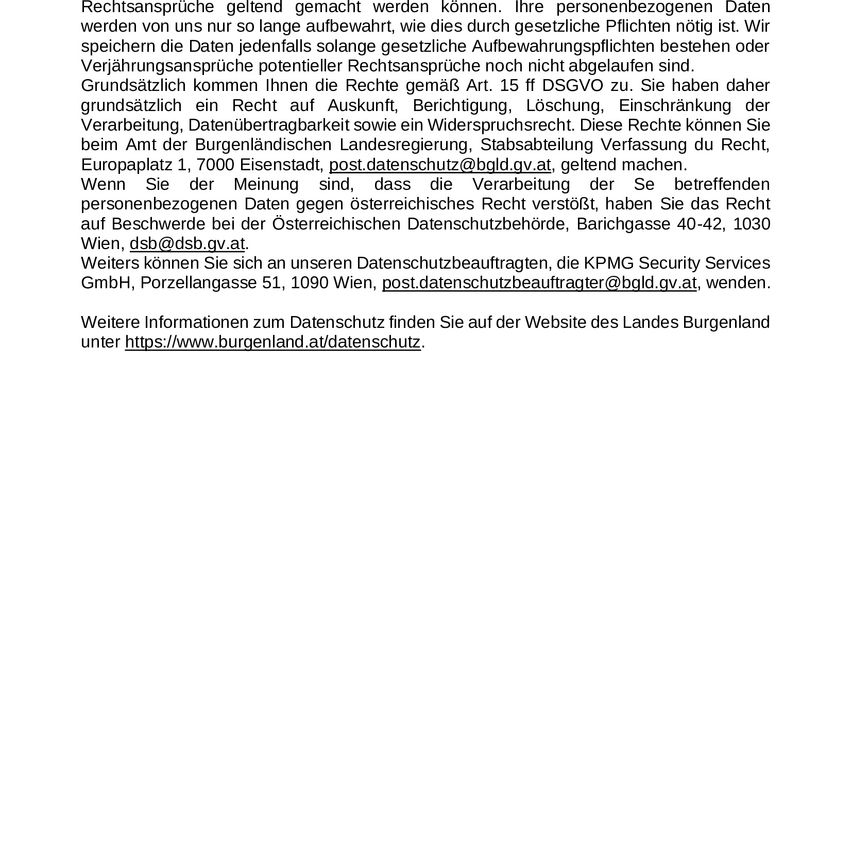 The image contains information about data protection rights and how long personal data is stored. It mentions rights to access, correction, deletion, objection, restriction, data portability, and erasure. It also provides contact details for data protection authorities.