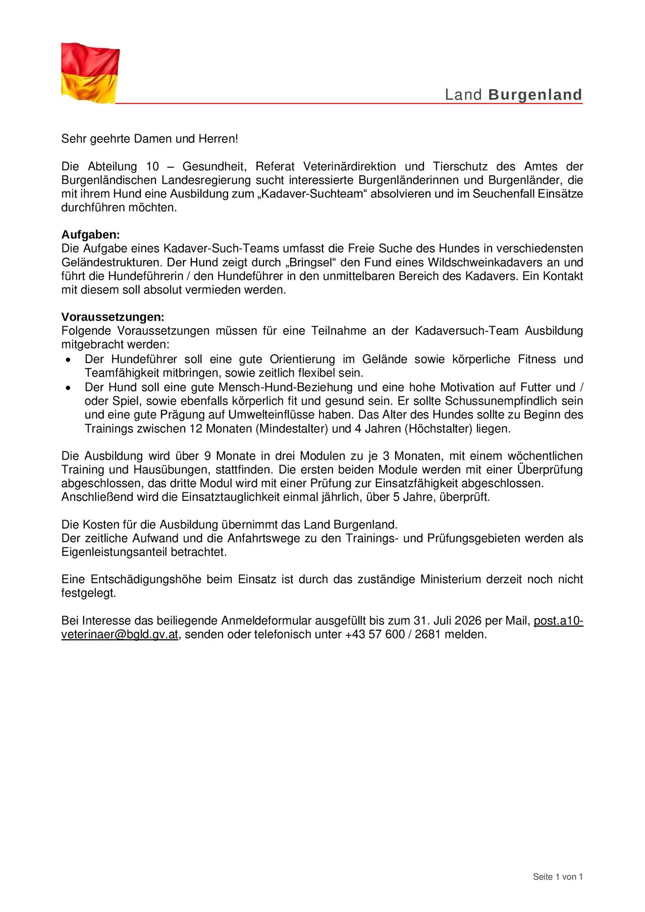 A document with text in German about the training of cadaver search teams, detailing requirements, costs, and contact information.