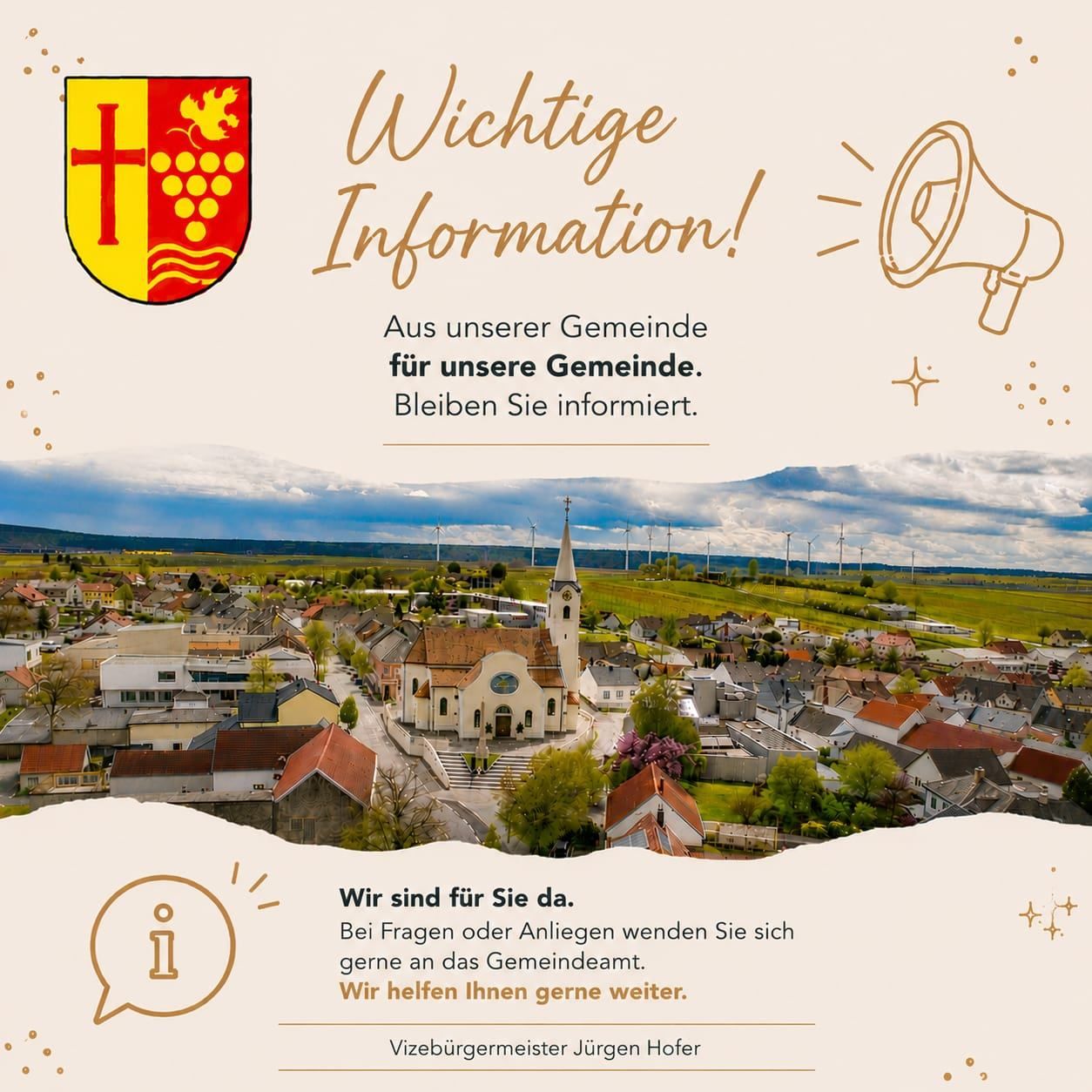Ein Plakat mit einer Dorfszene, die eine Kirche, Häuser und ein grünes Feld zeigt. Das Plakat enthält ein Wappen, ein Megaphon und Text zur Förderung der Gemeindebeteiligung.