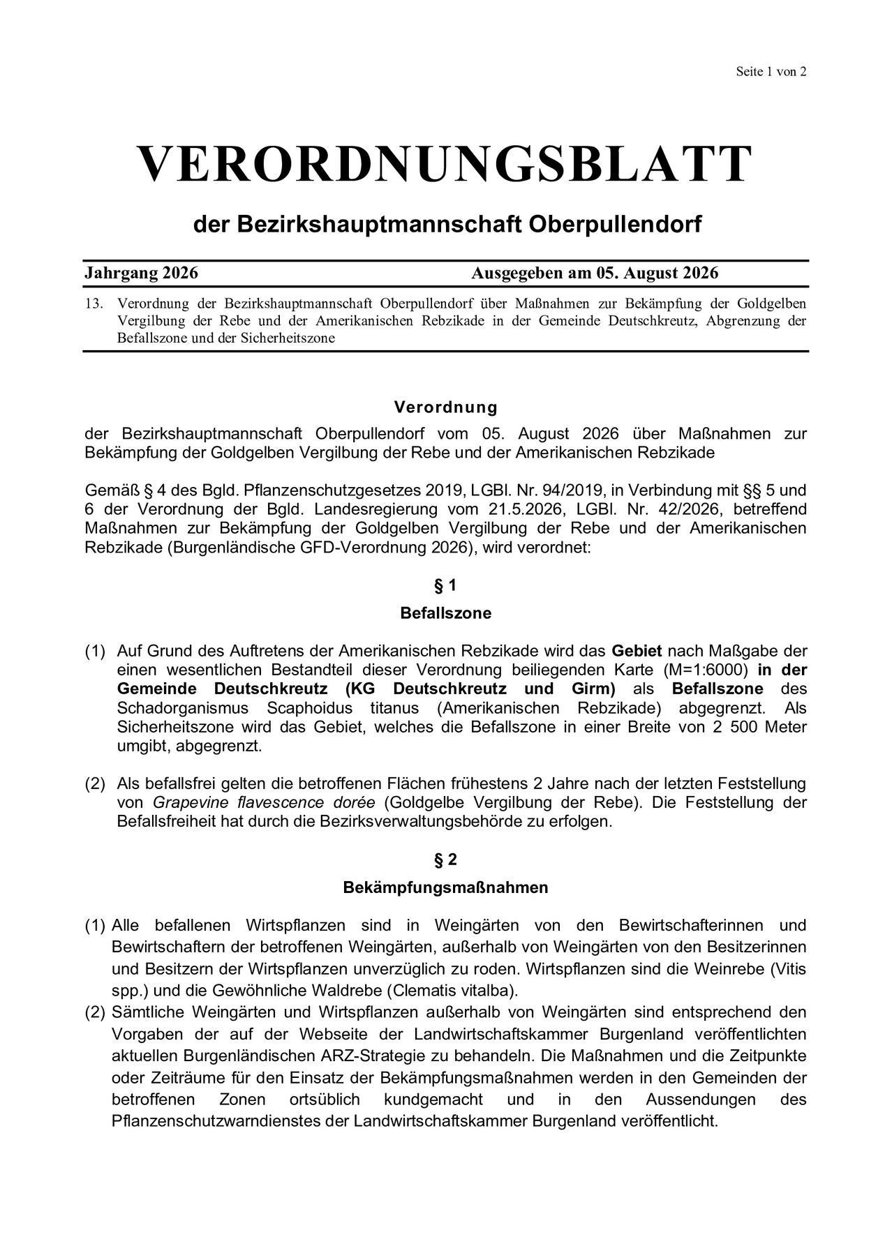 A regulation document from the District of Oberpullendorf, dated August 5, 2026, outlines measures to combat the grapevine flavescence dorée disease caused by American grapevine phylloxera. It includes a map delineating the affected area in Deutschkreutz and Girm, and specifies the exclusion zone around the affected area.