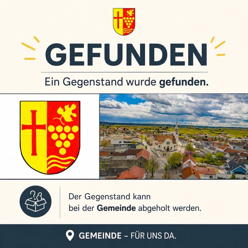 Eine Werbung für einen gefundenen Gegenstand mit deutschem Text und einem Gemeindelogo. Das Bild zeigt ein Dorf mit Häusern und einer Kirche.