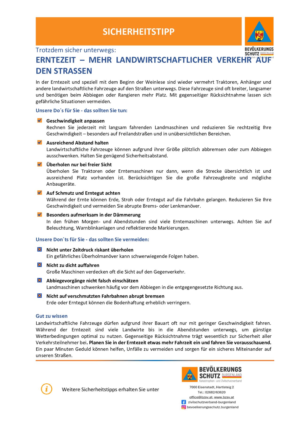 The image shows a safety advisory for farmers during the harvest season, emphasizing the importance of adjusting speed, maintaining distance, and being cautious when overtaking or passing other vehicles. It also warns against dangerous overtaking maneuvers and advises against driving too close to large machinery.